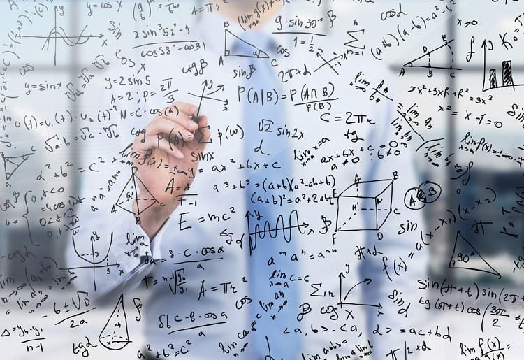 Quantitative analyst is drawing different math formulas on the glass screen. A concept of professional financial consulting services.